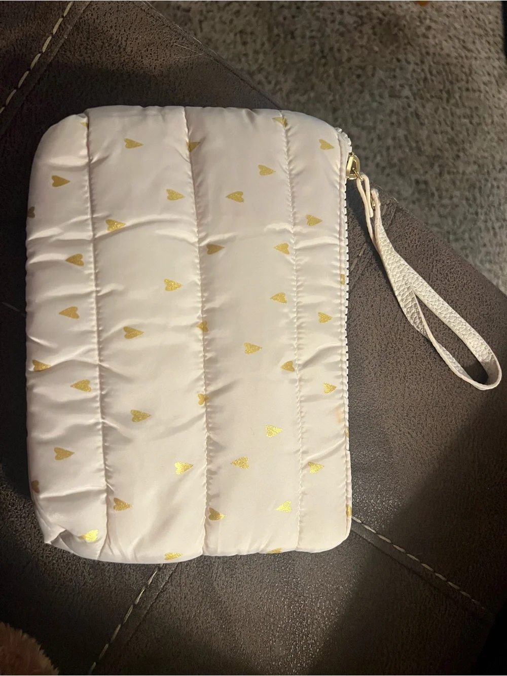 Women's White Wristlet Quilted Clutch with Gold Heart Accents